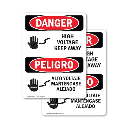 Signmission High Voltage Keep Away Bilingual Danger Sign, Vinyl Decal, 3.5in W x 5in L, 2PK OS-2PACK-DS-D-35-VS-1344